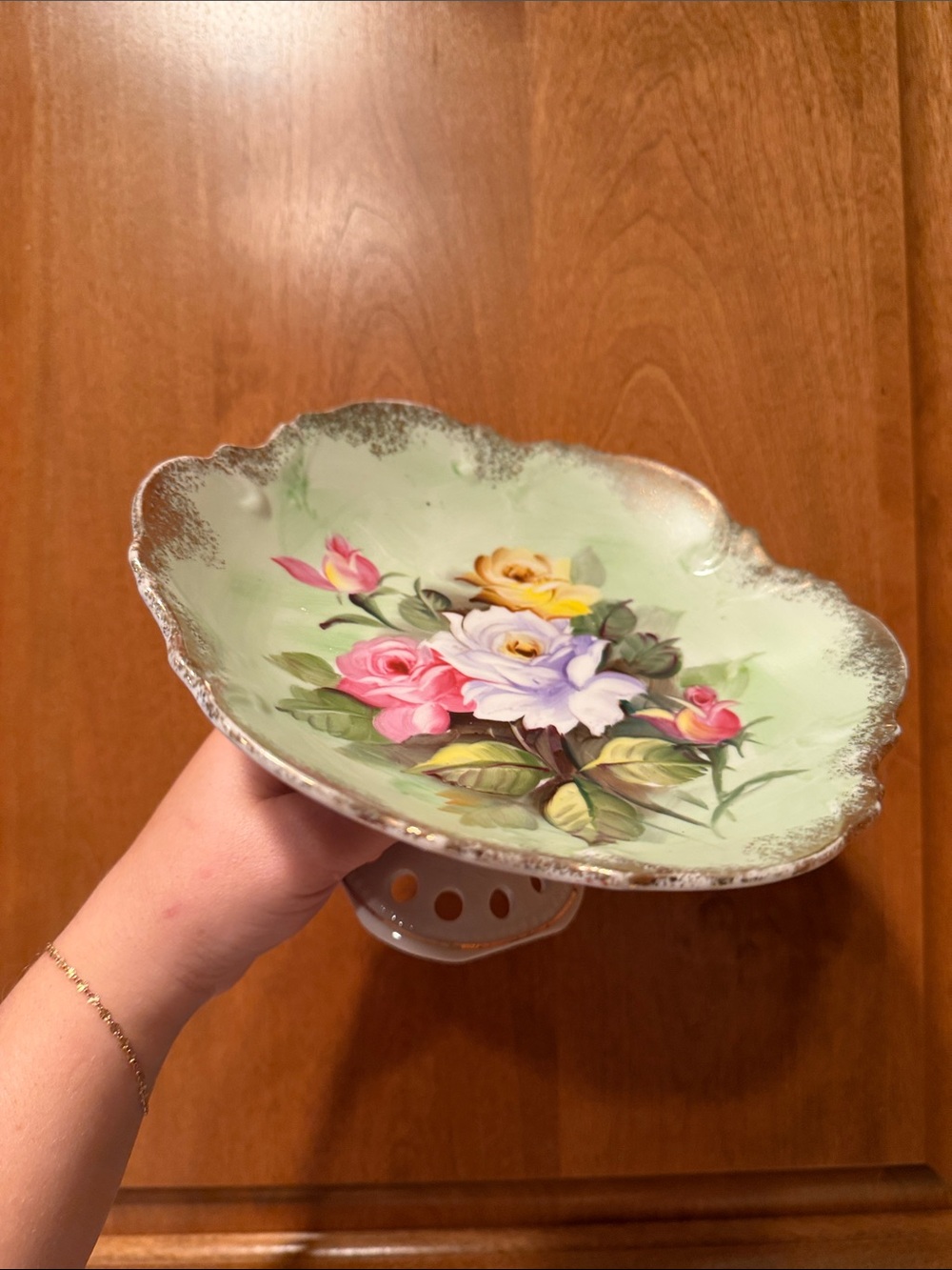 Vintage Handpainted Ceramic Green Floral Stand With Gold Rim